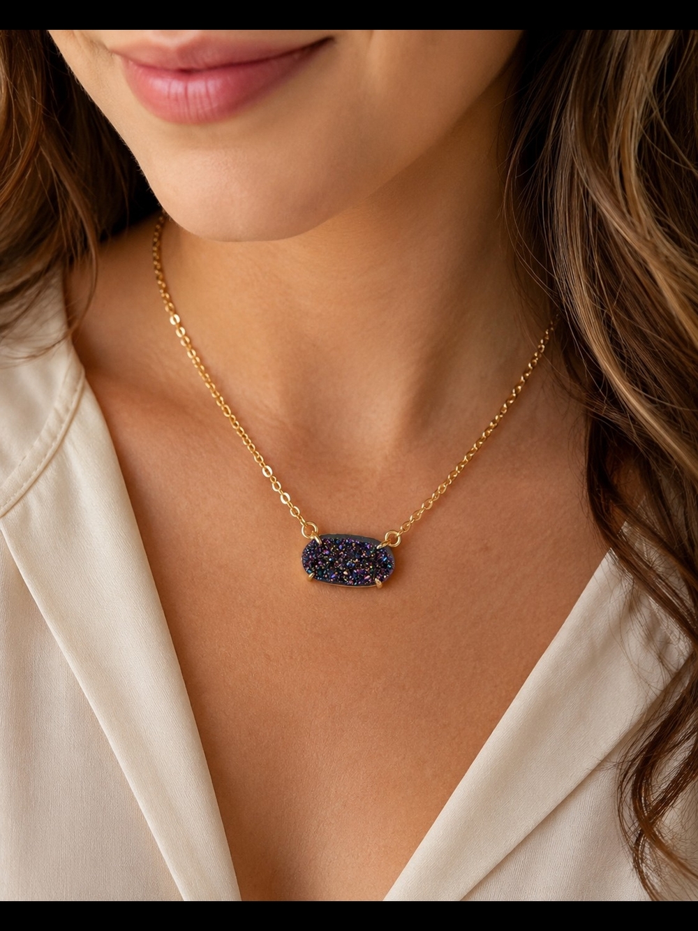 Rainbow Titanium Druzy Necklace Gold Minimalist Sparkly Layering Jewelry
